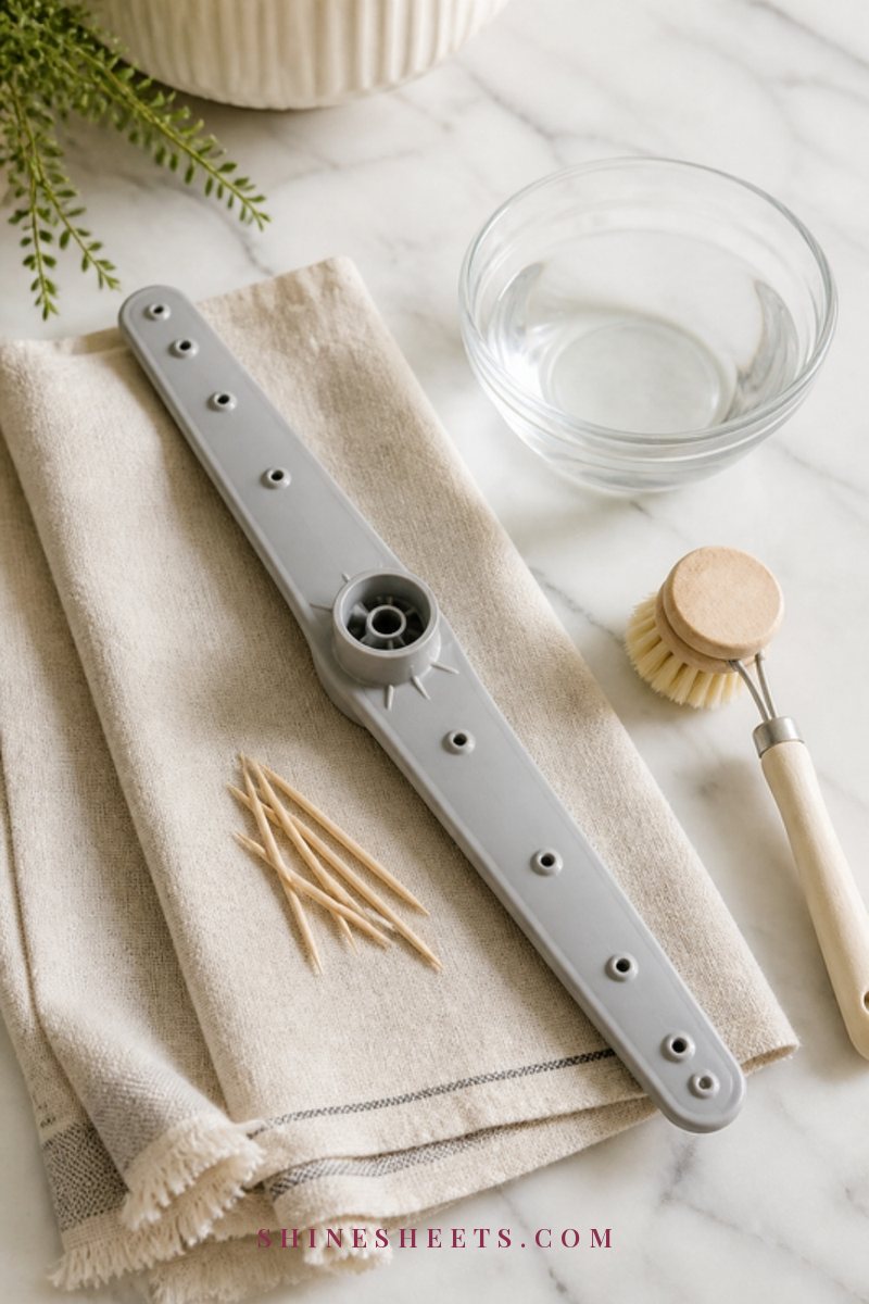A clean dishwasher spray arm resting on a cream linen towel beside a wooden toothpick and a small brush