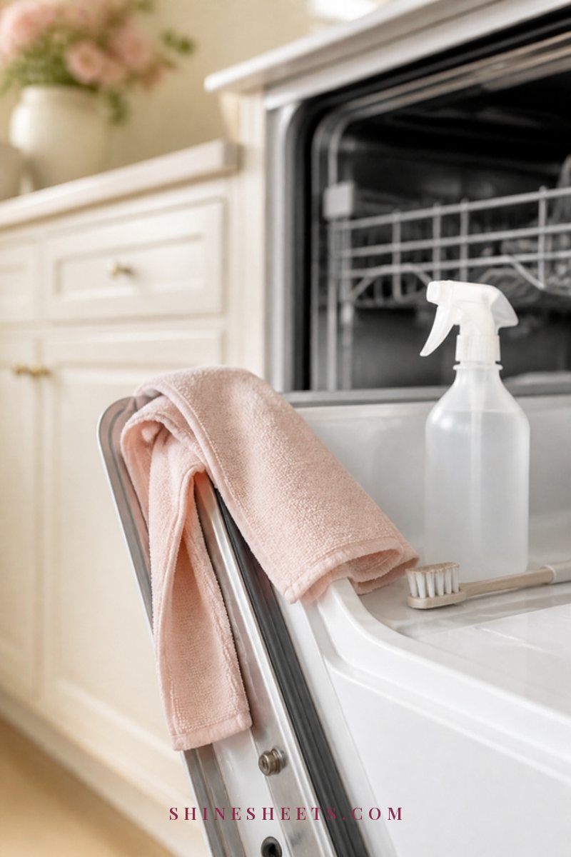 Close-up of a blush microfiber cloth wiping the rubber door seal of a white dishwasher in soft light