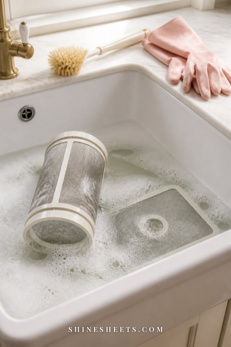 A dishwasher filter soaking in a white ceramic sink of warm soapy water beside a soft cleaning brush