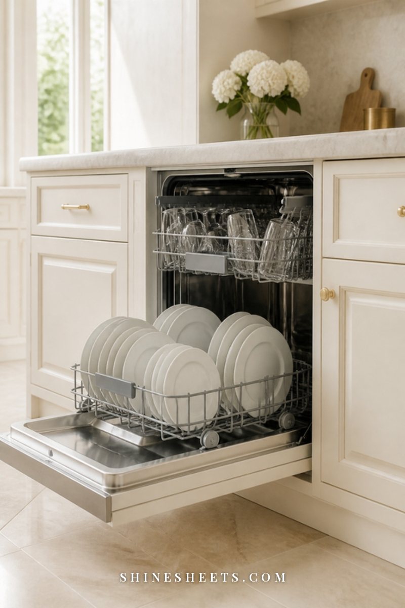 An open white dishwasher with clean glasses and white plates neatly arranged in a bright cream kitchen