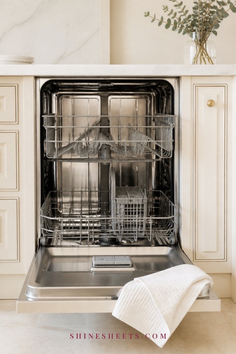A sparkling clean empty dishwasher interior with the door open in a bright, elegant cream kitchen