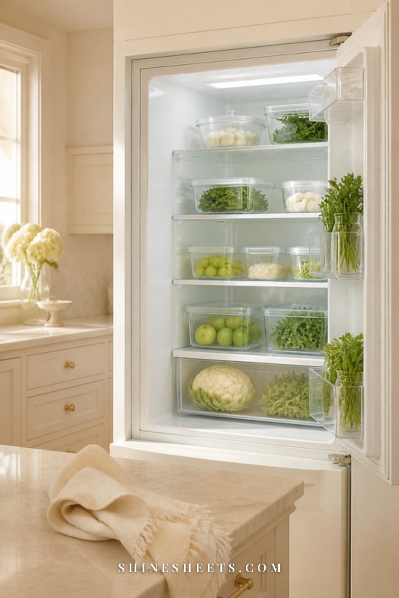 A bright, tidy open fridge with clear bins and glass containers in soft morning light