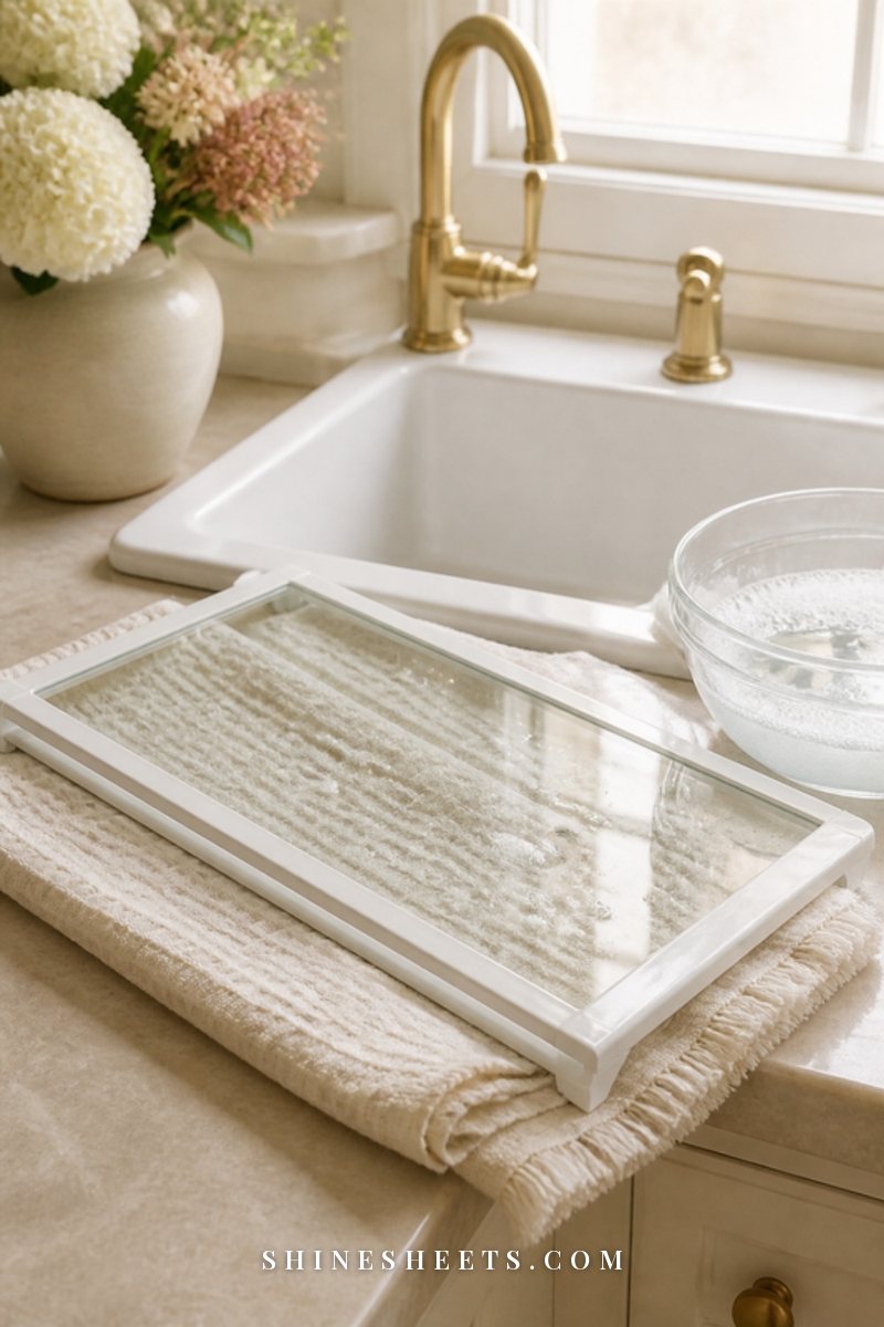 A clean glass fridge shelf resting on a folded cream towel beside a kitchen sink in soft daylight