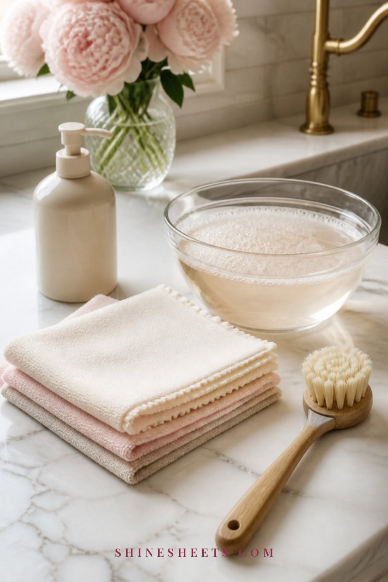 Folded cream microfiber cloths, a glass bowl of soapy water and a soft brush on a white kitchen counter