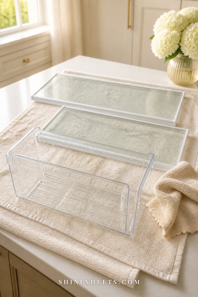 Glass fridge shelves and clear drawers drying on a cream towel on a bright kitchen counter