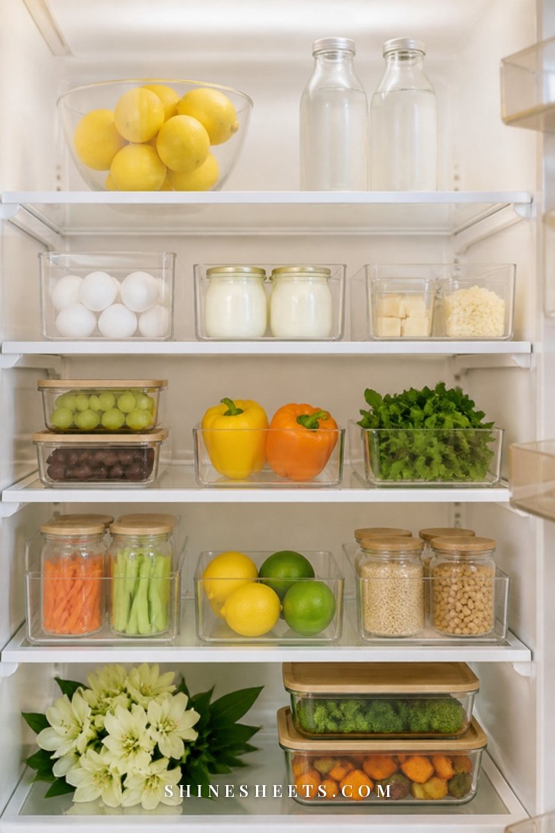 A neatly organized fridge with clear bins, cream liners and glass containers in soft natural light