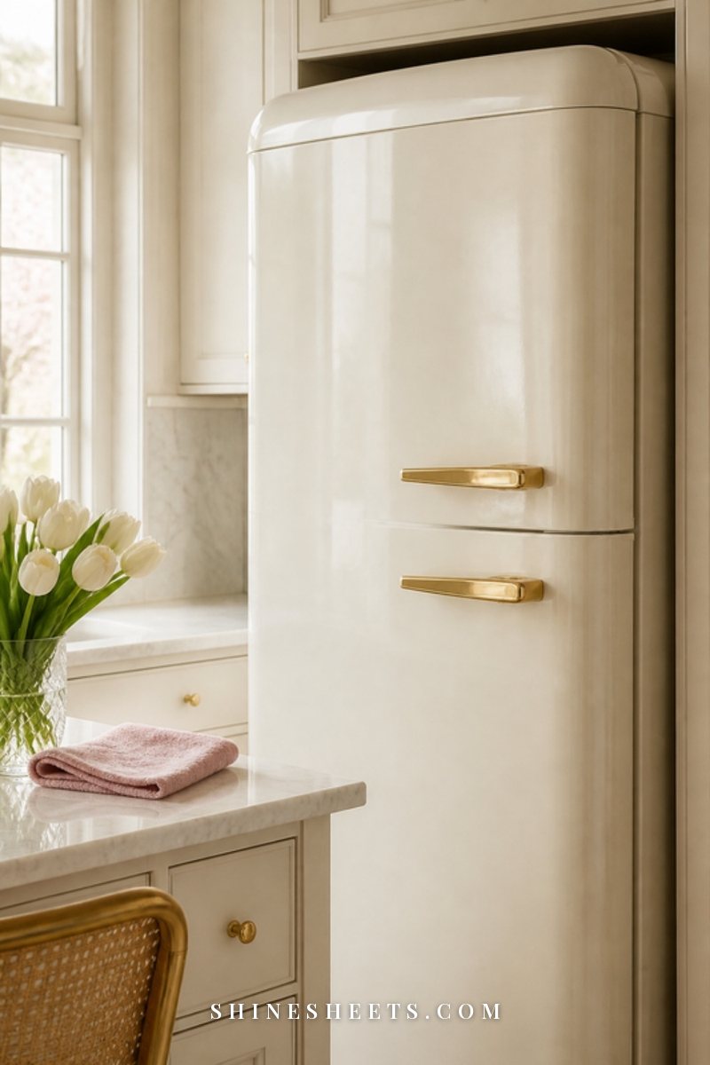 A sleek cream refrigerator front in a bright kitchen with a folded microfiber cloth on the counter