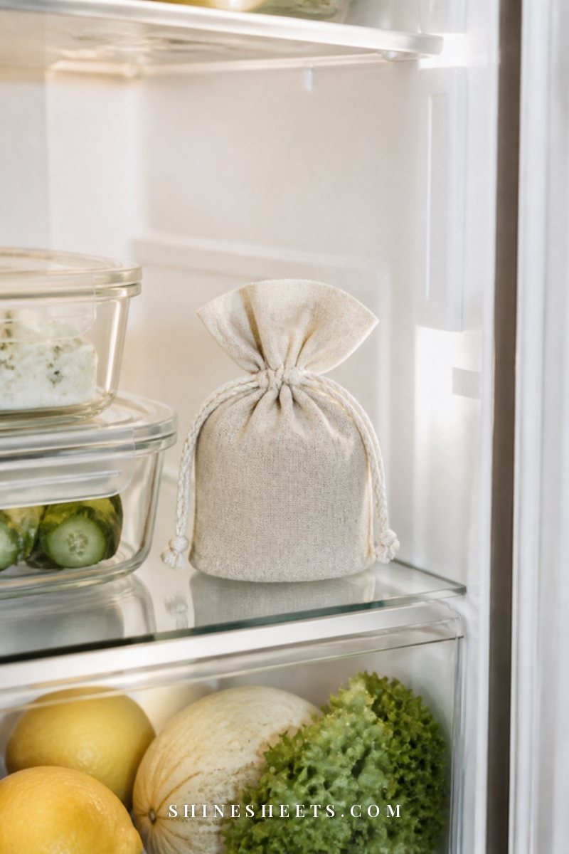 A small cream activated charcoal deodorizer pouch on a clean glass fridge shelf beside clear containers
