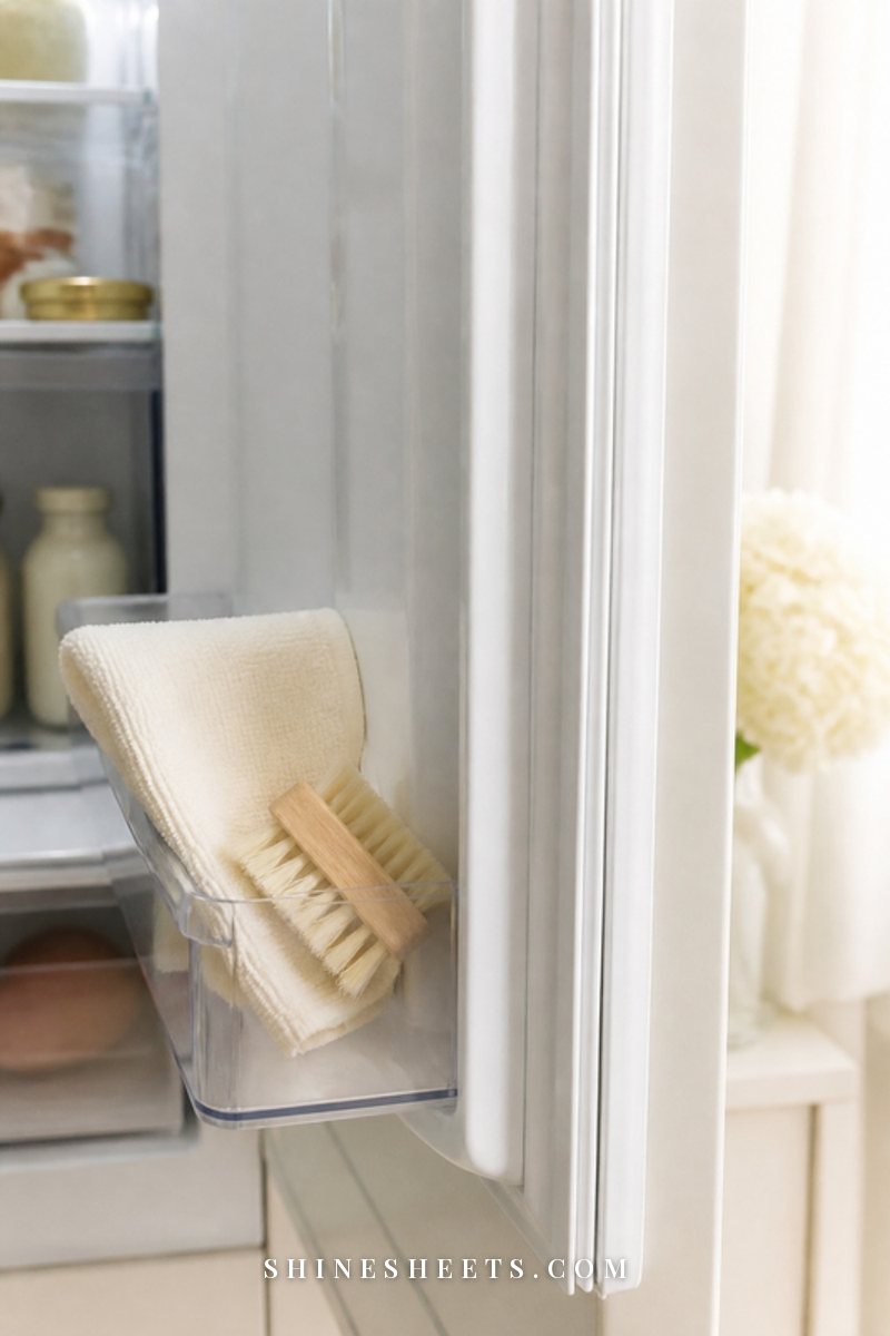 A soft-bristled brush and a cream microfiber cloth resting beside a clean white fridge door seal
