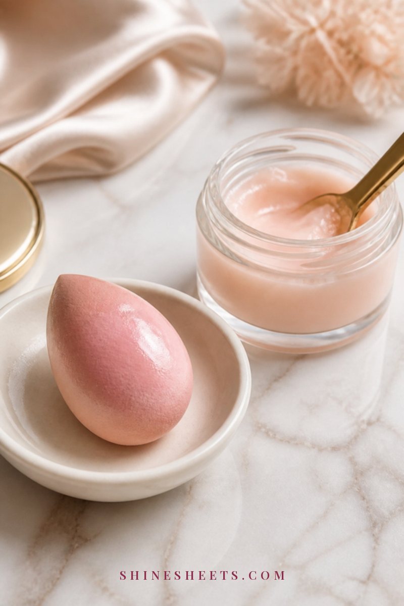 A blush makeup sponge resting in a small cream dish beside an open jar of cleansing balm on a marble counter