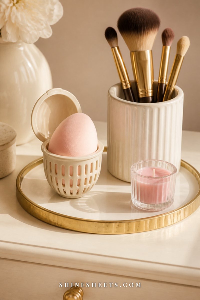 A clean blush makeup sponge in an open ventilated holder on a tidy cream vanity tray beside a few makeup brushes in a cup