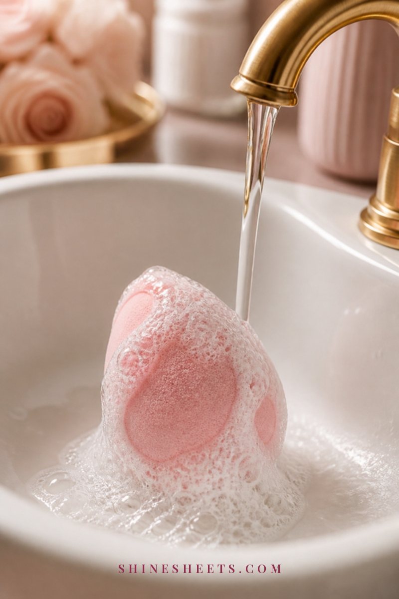 A soapy pink makeup sponge being rinsed under a gold faucet in a white sink