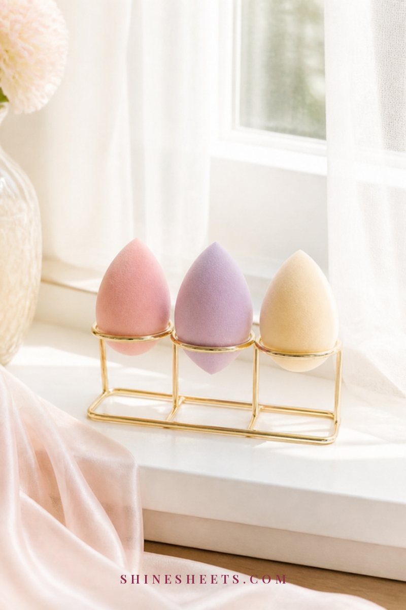 Three clean pastel makeup sponges standing upright on a gold open-wire drying holder near a bright window