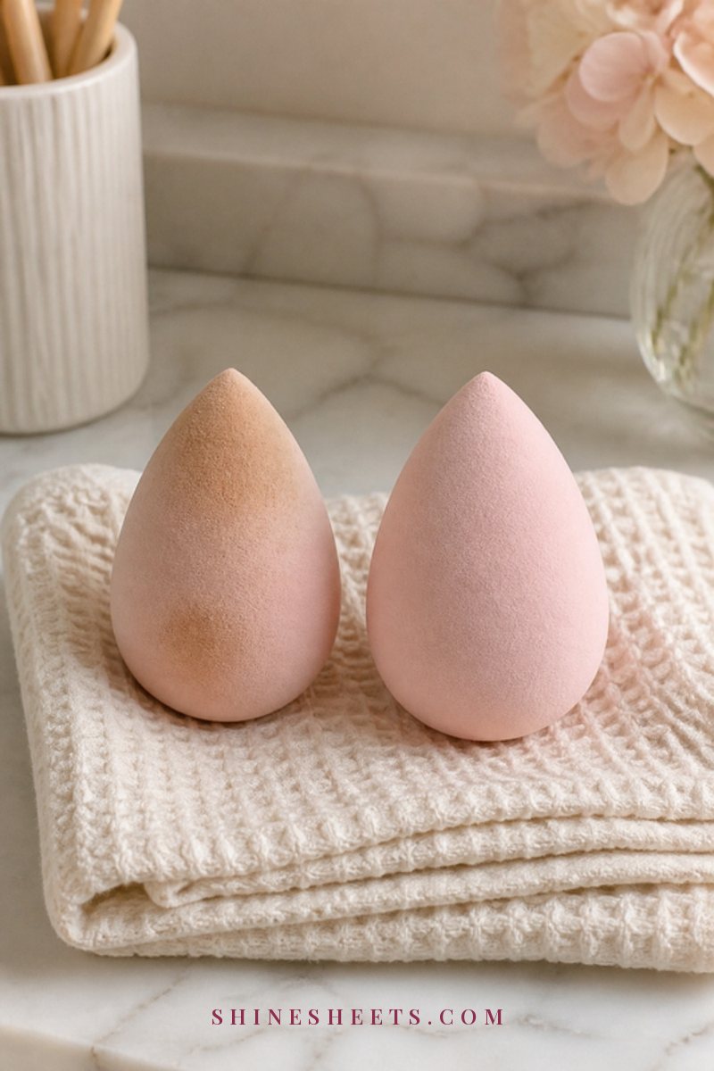 A used blush makeup sponge with foundation marks next to a fresh clean one on a folded cream towel