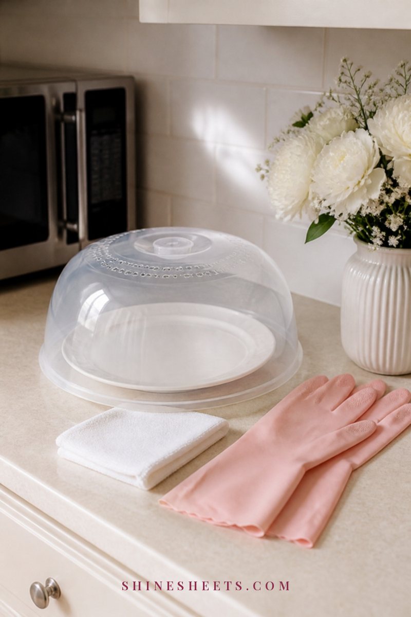 Clear vented microwave splatter cover resting on a white plate on a tidy cream kitchen counter beside a white microfiber cloth