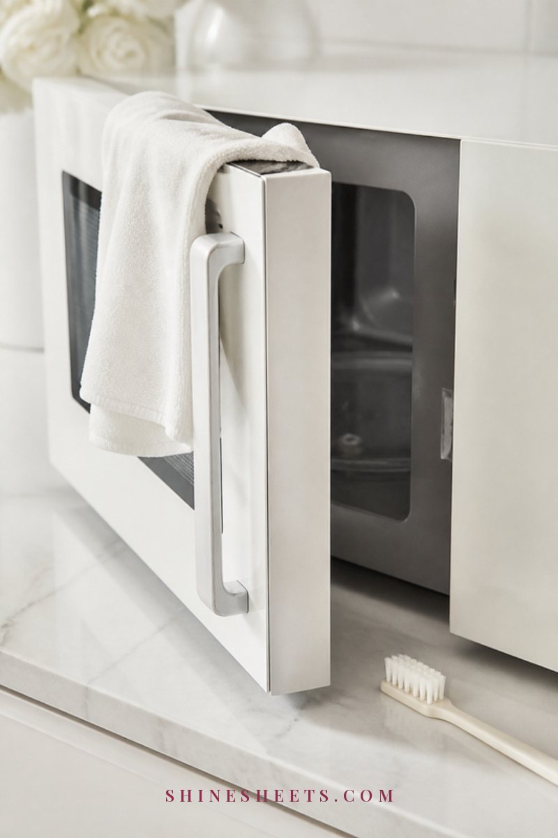 Close-up of a spotless white microwave door with a folded white microfiber cloth resting on the handle