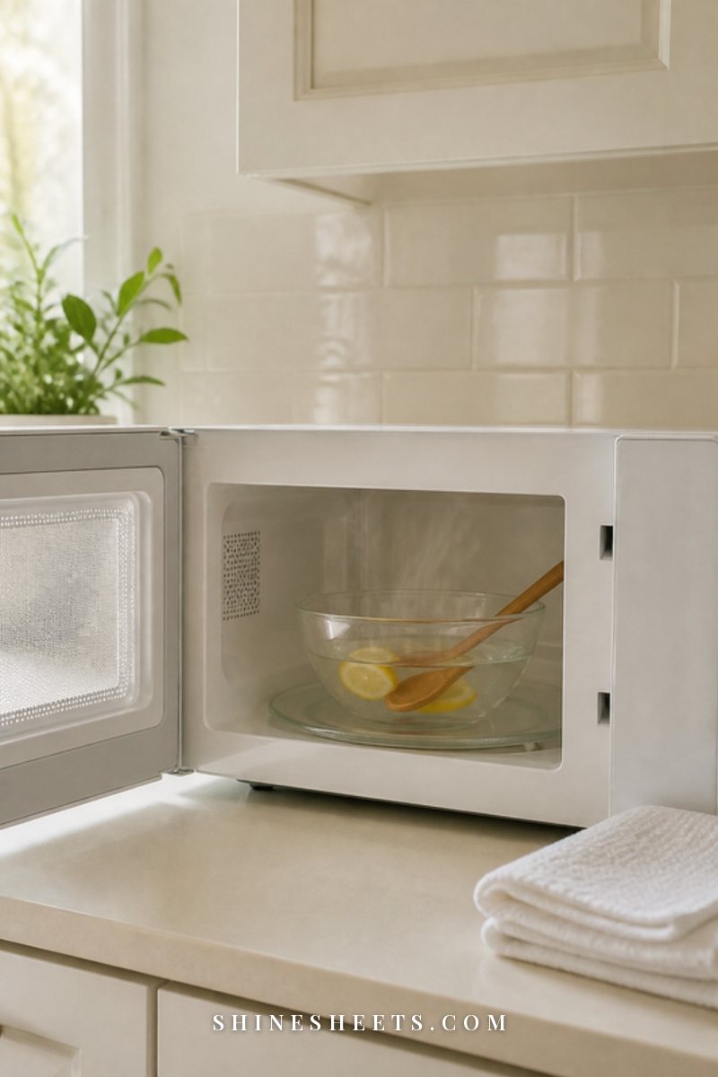 Glass bowl of steaming lemon water inside a clean white microwave with the door open in a bright cream kitchen