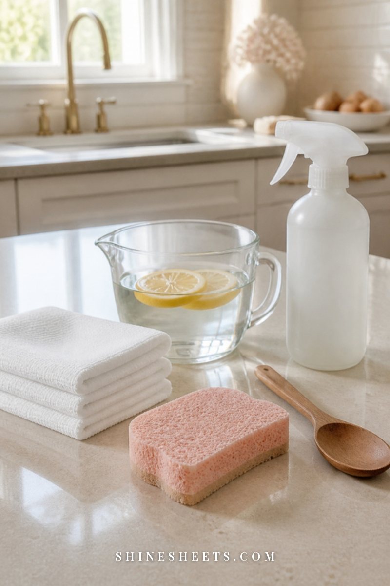 Glass measuring bowl of water with lemon slices, white microfiber cloths and a blush sponge on a cream kitchen counter
