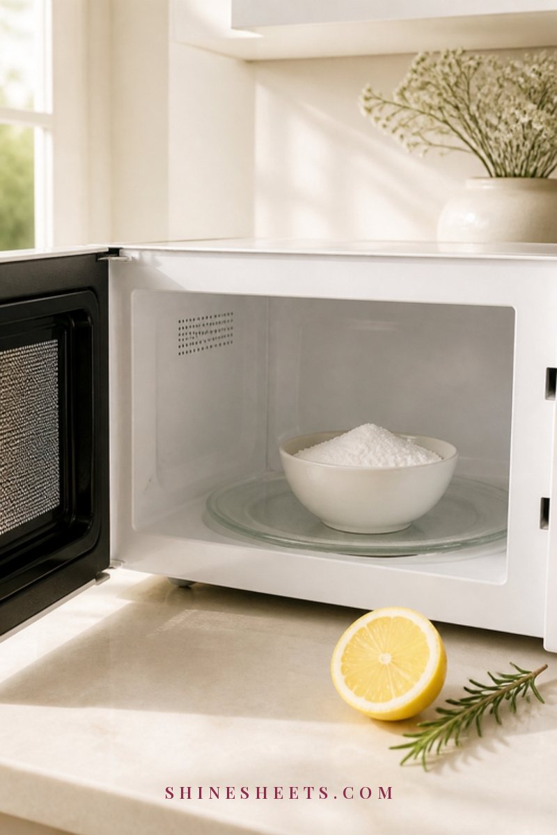 Small white ceramic bowl inside a spotless open microwave next to a sprig of fresh rosemary on a cream counter