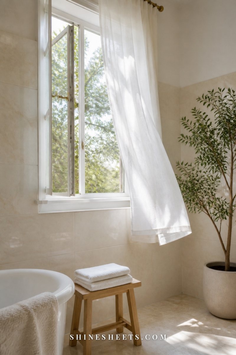Bright bathroom with an open window, sheer white curtain and a folded towel on a wooden stool