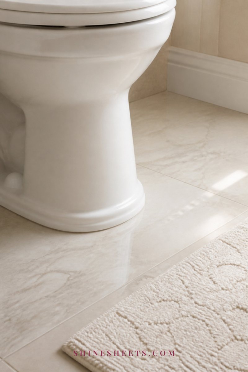 Clean white toilet base on pale marble floor tiles in a bright bathroom with a soft cream bath mat nearby