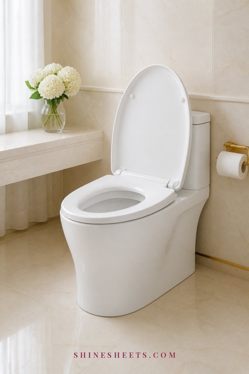 Clean white toilet bowl with the lid open in a bright cream bathroom with a small vase of white flowers