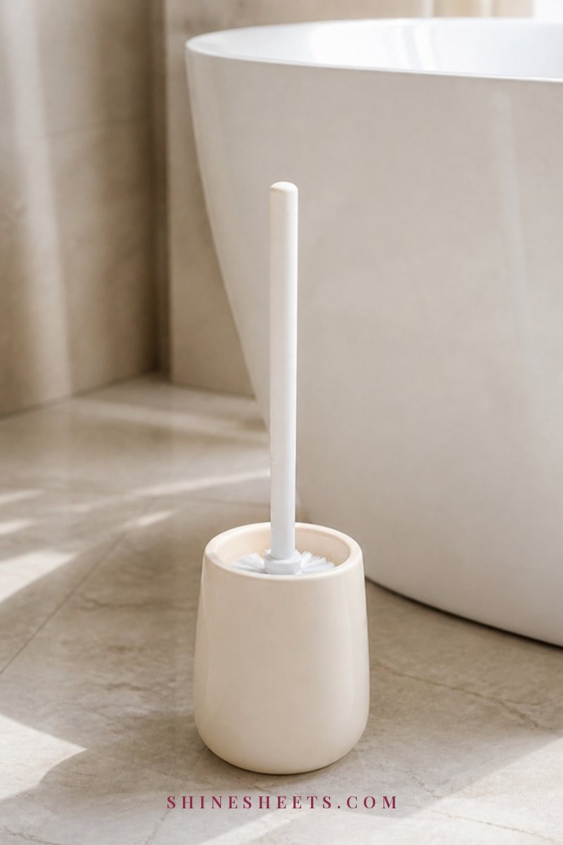 Clean white toilet brush in a cream ceramic holder on a pale tiled bathroom floor in soft daylight