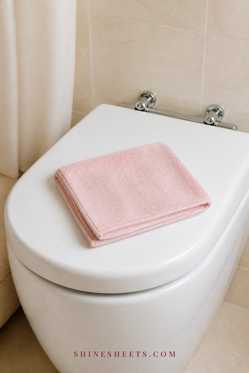 Close-up of a spotless white toilet seat and lid with a folded microfiber cloth resting on the closed lid