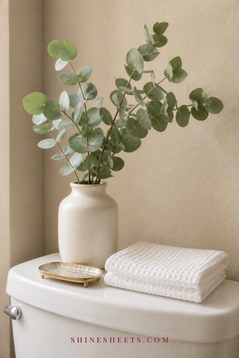 Elegant cream bathroom corner with a white toilet, a small glass vase of eucalyptus on the tank and a folded towel