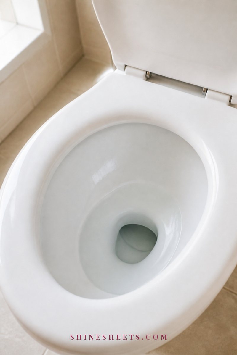 Spotless white porcelain toilet bowl with clear water and no ring, in soft natural light in a cream bathroom