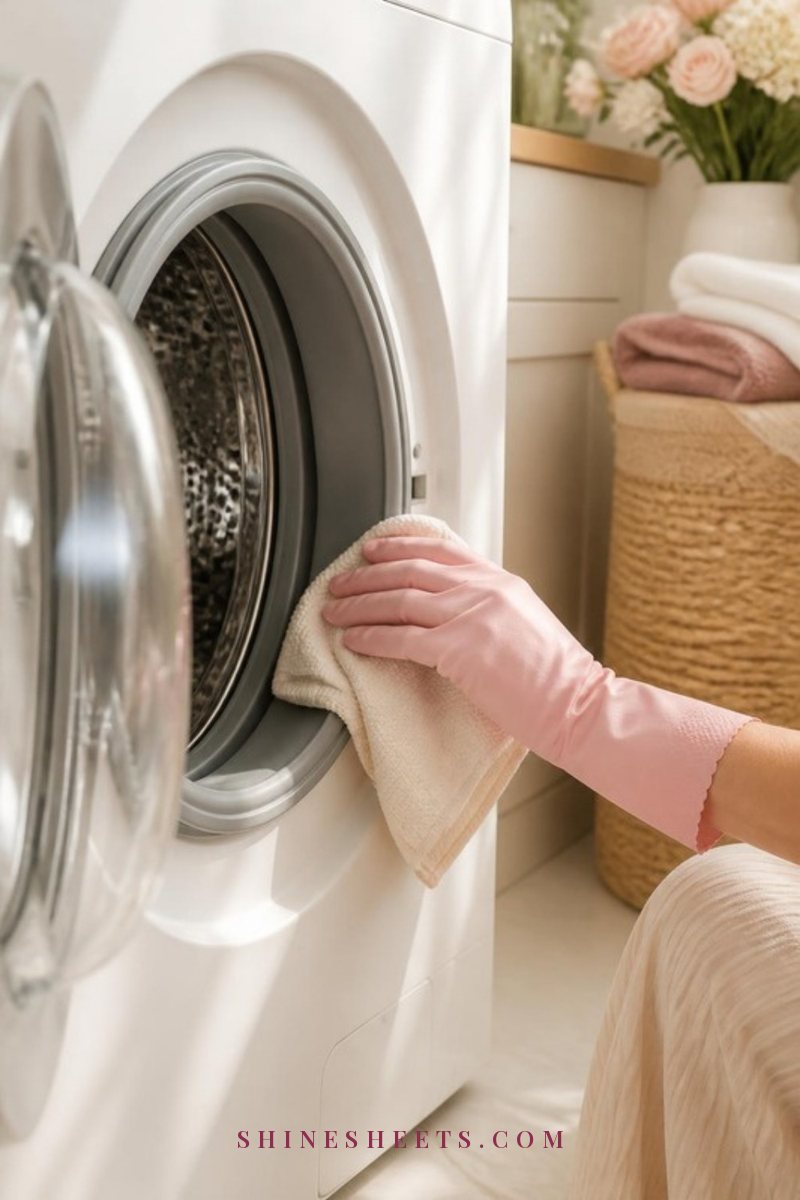 Hand in a pale pink glove wiping the grey rubber door seal of a white front-load washing machine with a cream microfiber cloth