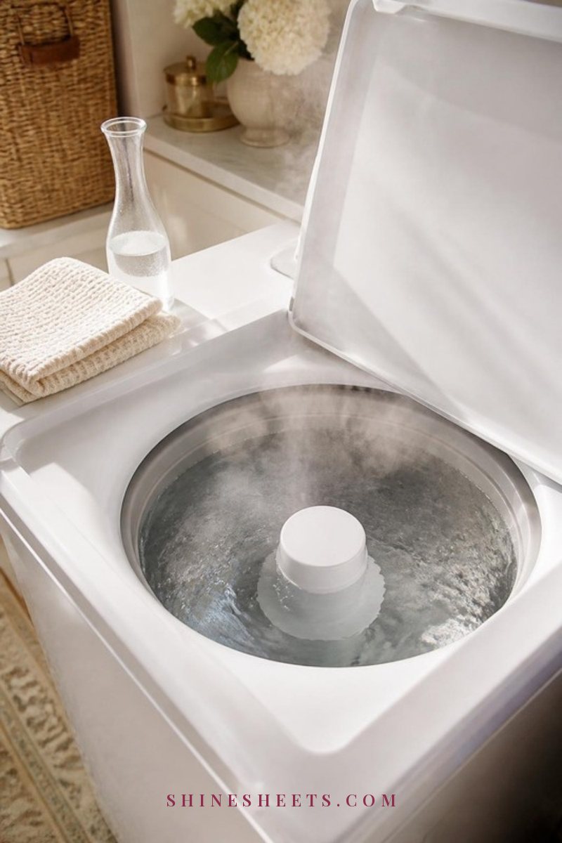 Open white top-load washing machine filled with steaming water in a bright laundry room with a cream towel folded on top
