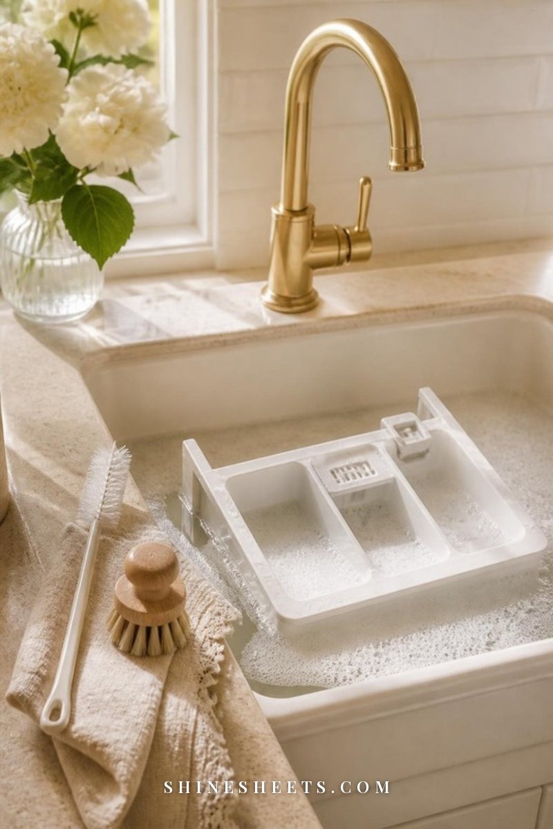 Removed white detergent drawer from a washing machine soaking in a cream ceramic sink with warm soapy water and a slim brush beside it