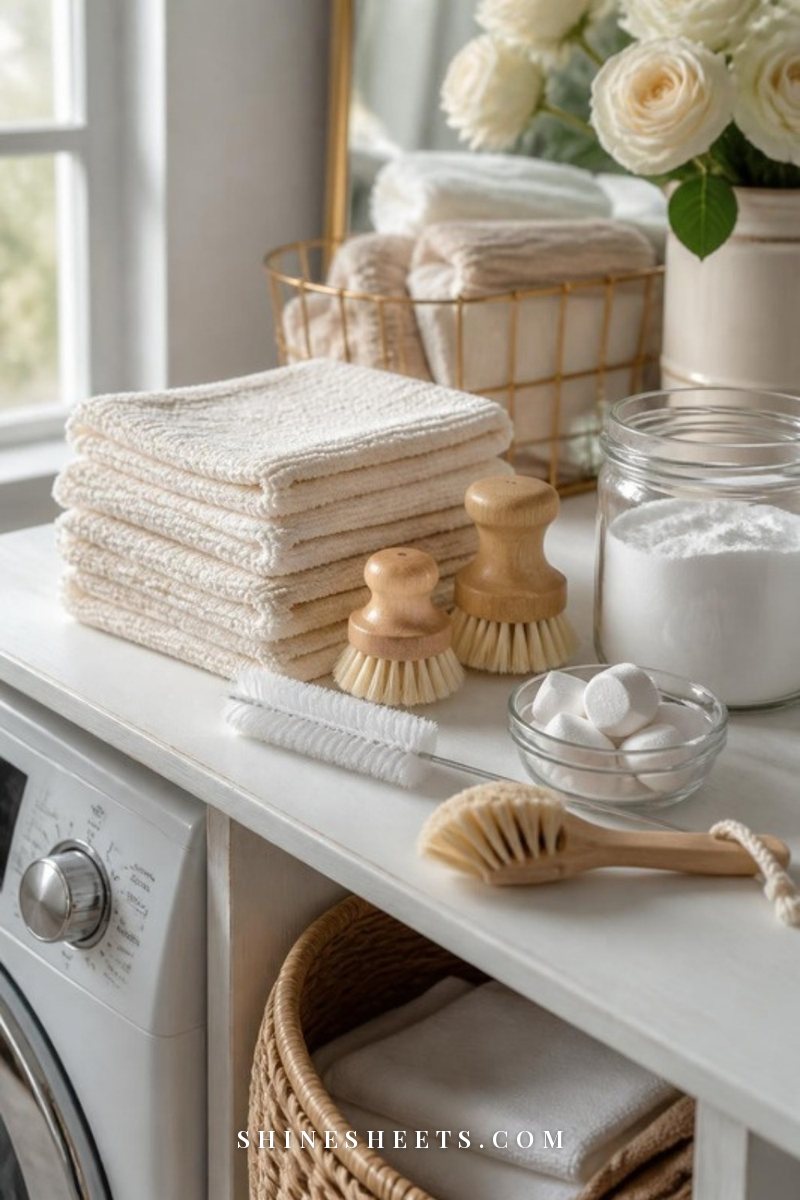 Washing machine cleaning supplies on a white laundry shelf: cream microfiber cloths, small brushes, cleaner tablets and a glass jar of baking soda