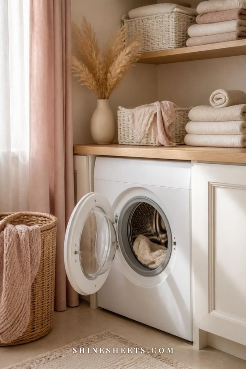 White front-load washing machine with the door propped open in a calm cream laundry room, with white laundry baskets on a shelf