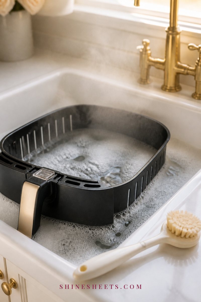 An air fryer basket soaking in a white sink filled with warm soapy water and soft bubbles