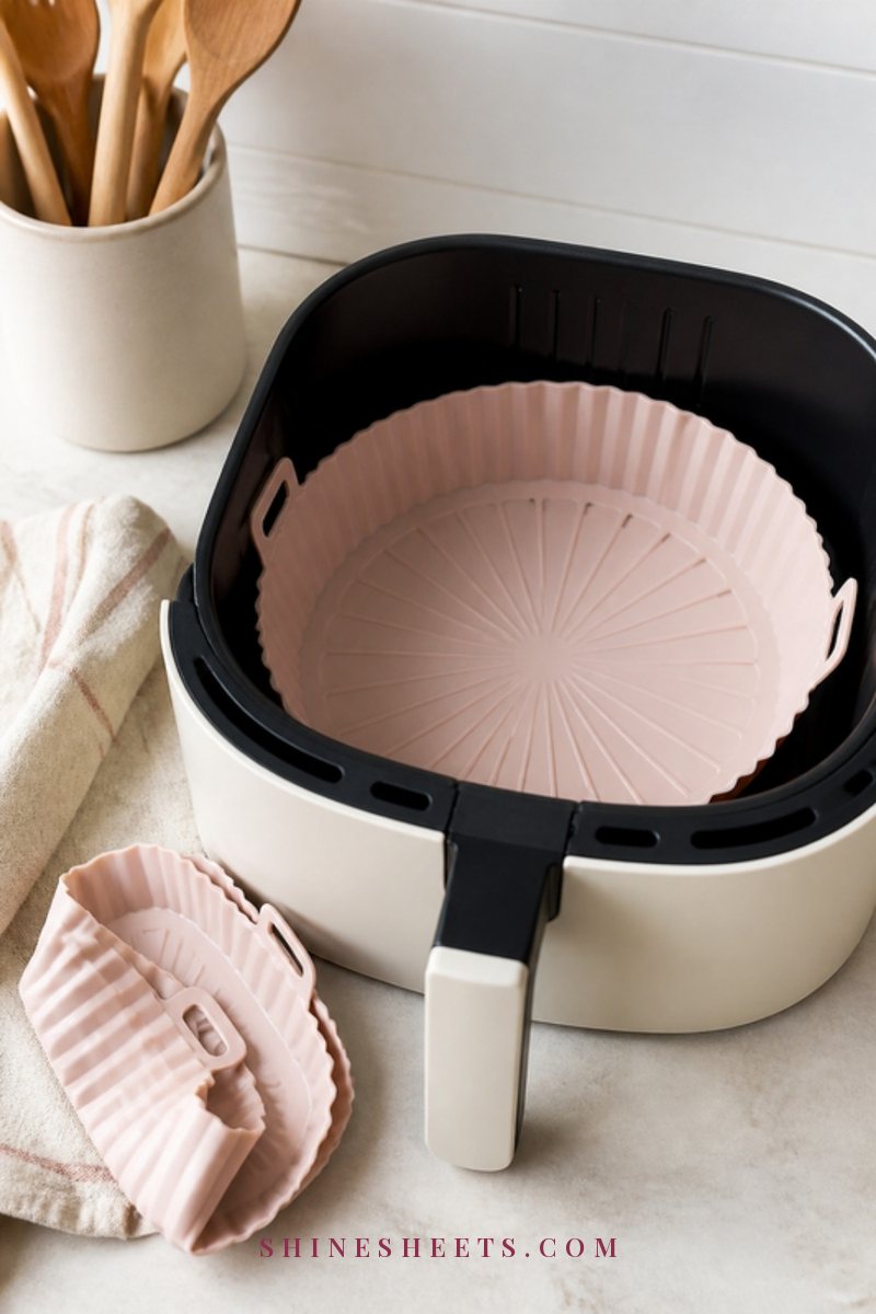 A blush silicone air fryer liner resting in a clean air fryer basket on a cream kitchen counter
