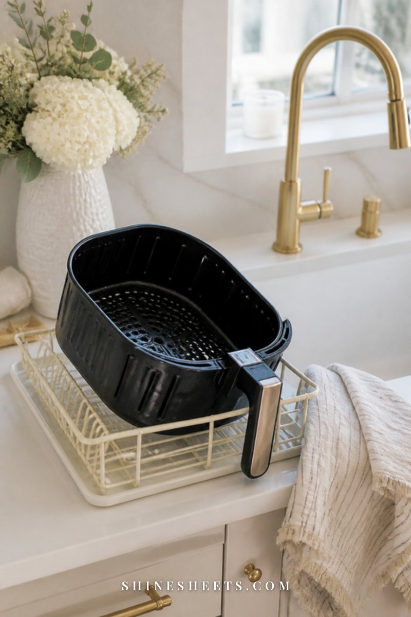 A clean air fryer basket drying on a cream dish rack beside a white sink in a bright kitchen
