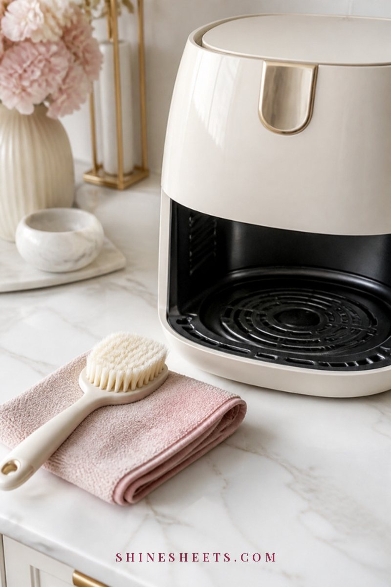 Close-up of a clean air fryer interior with a soft cream brush and a folded microfiber cloth beside it