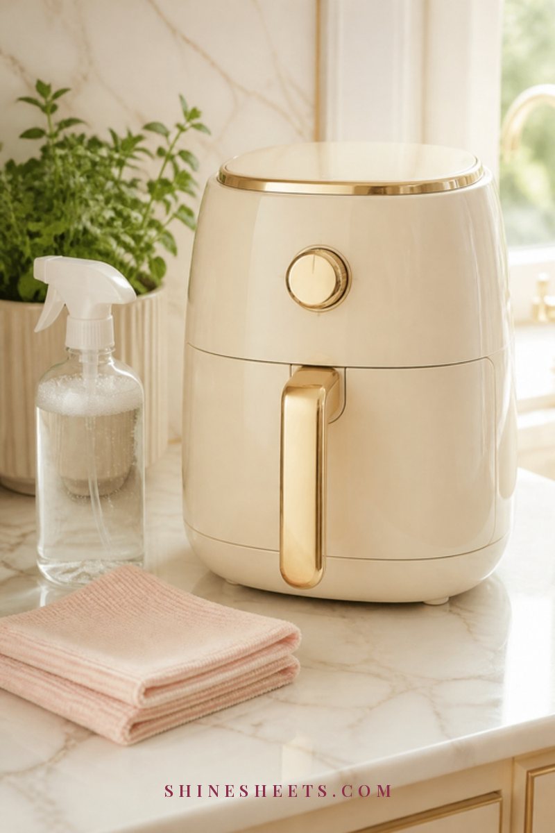 A cream air fryer gleaming on a marble counter with a microfiber cloth and a small glass bottle of soapy water