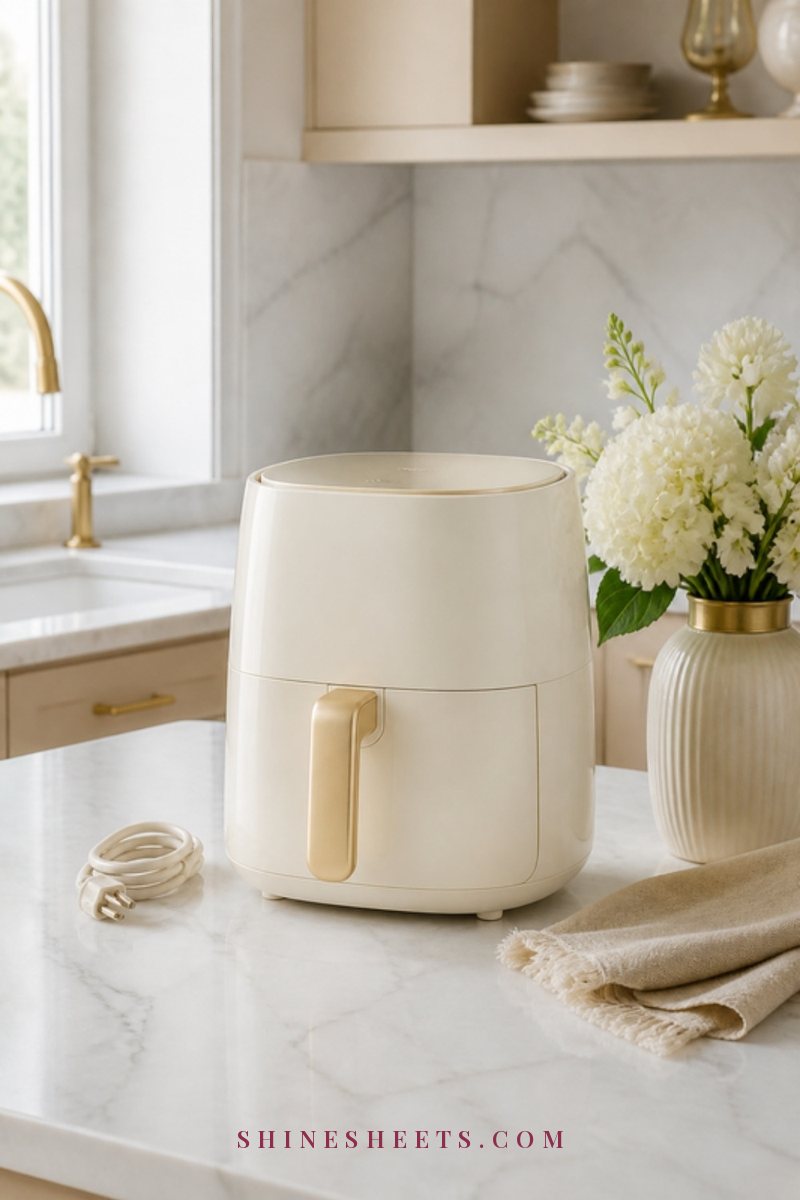 A cream air fryer unplugged on a white marble kitchen counter beside a folded linen towel