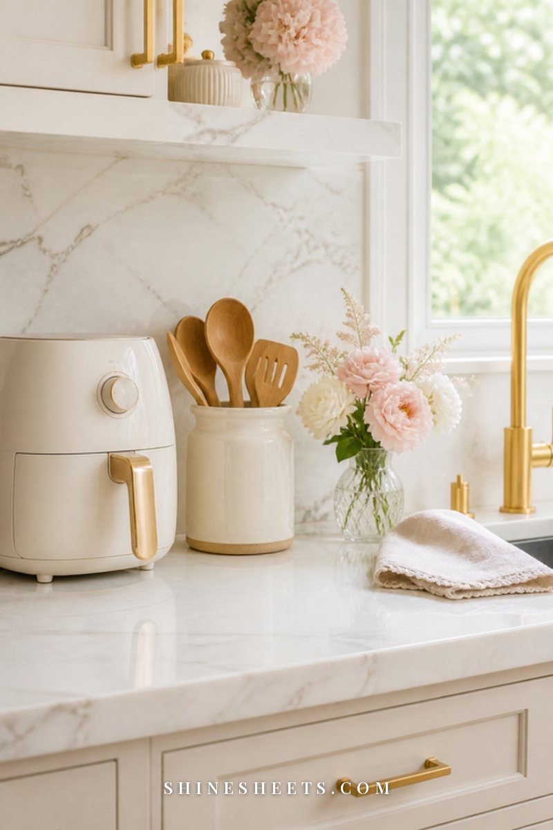 A spotless bright kitchen counter with a clean air fryer, a cream utensil holder and a small vase of flowers