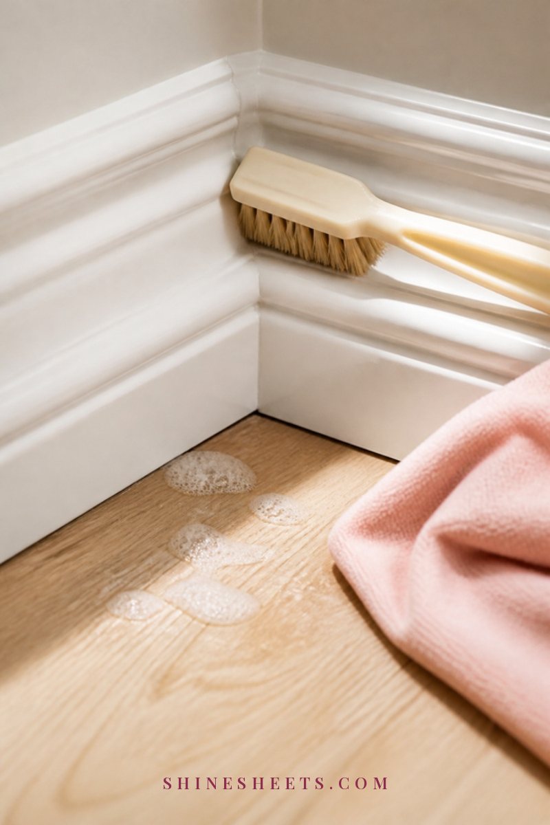Close-up of a small cream detail brush cleaning the grooved top edge of a white baseboard in a corner