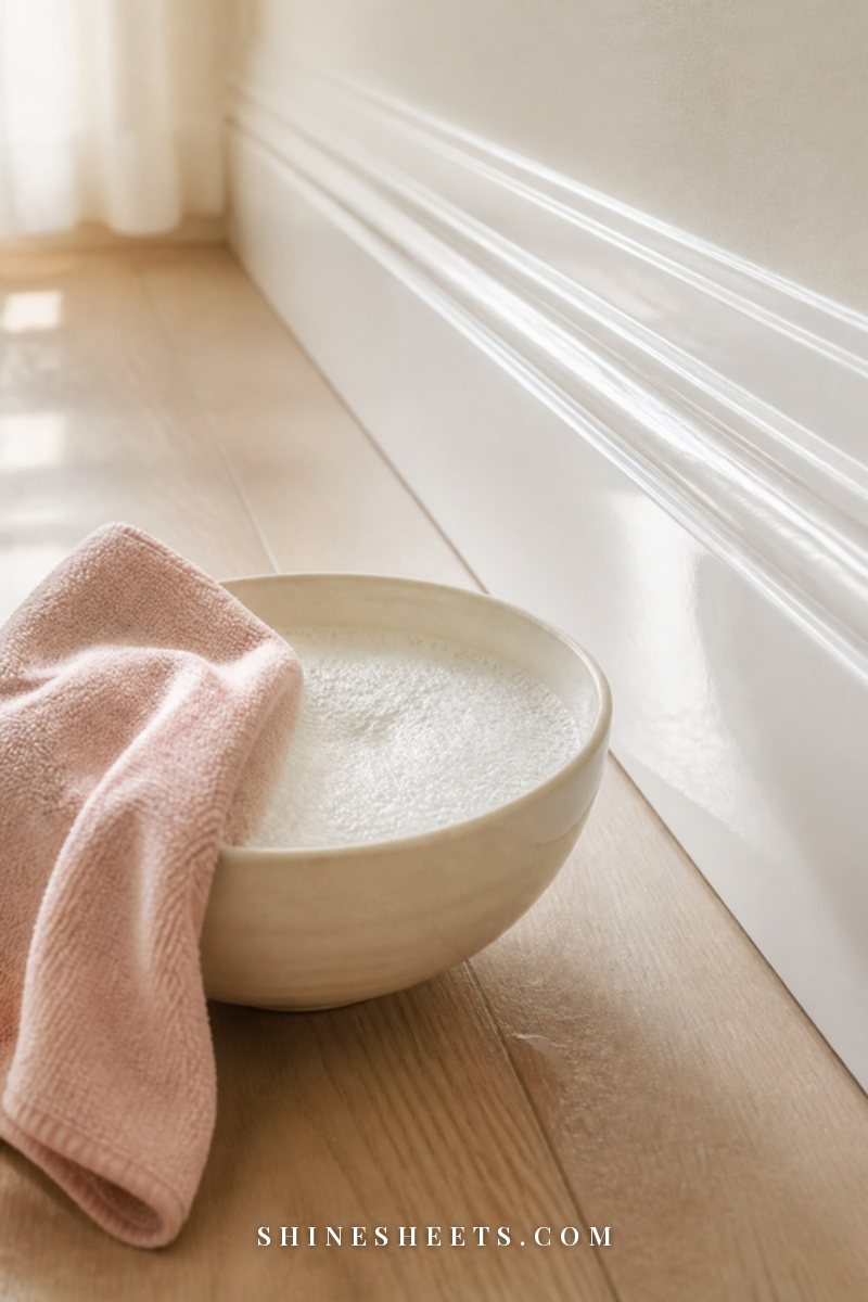 A cream ceramic bowl of warm soapy water with a folded blush microfiber cloth beside a white baseboard