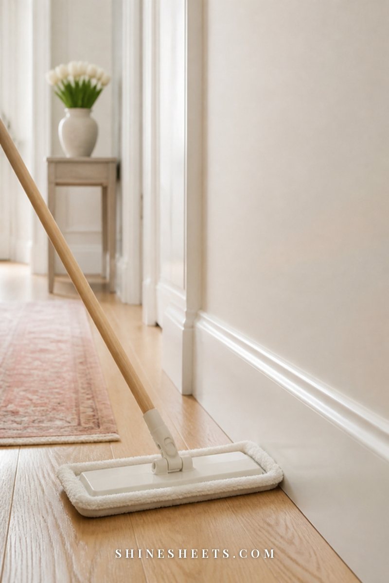 A cream flat microfiber mop resting against a clean white baseboard on a light oak floor in a bright hallway