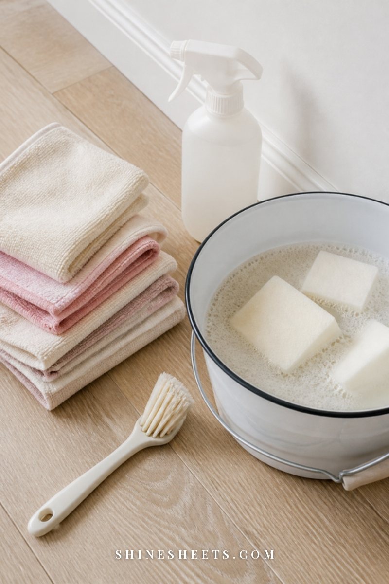 Cream microfiber cloths, a white spray bottle, a small detail brush and a bucket of warm soapy water on a pale wood floor