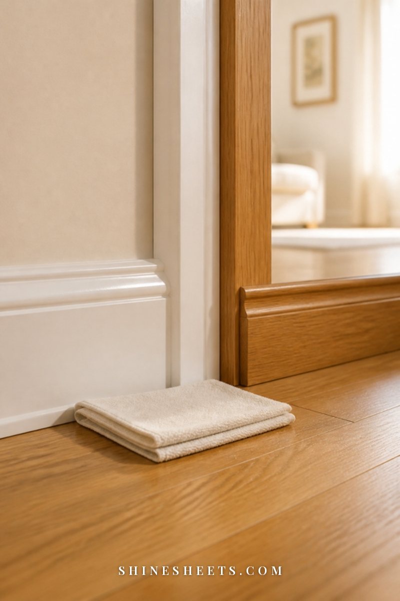 Side by side clean white painted baseboard and warm natural oak baseboard on a light wooden floor