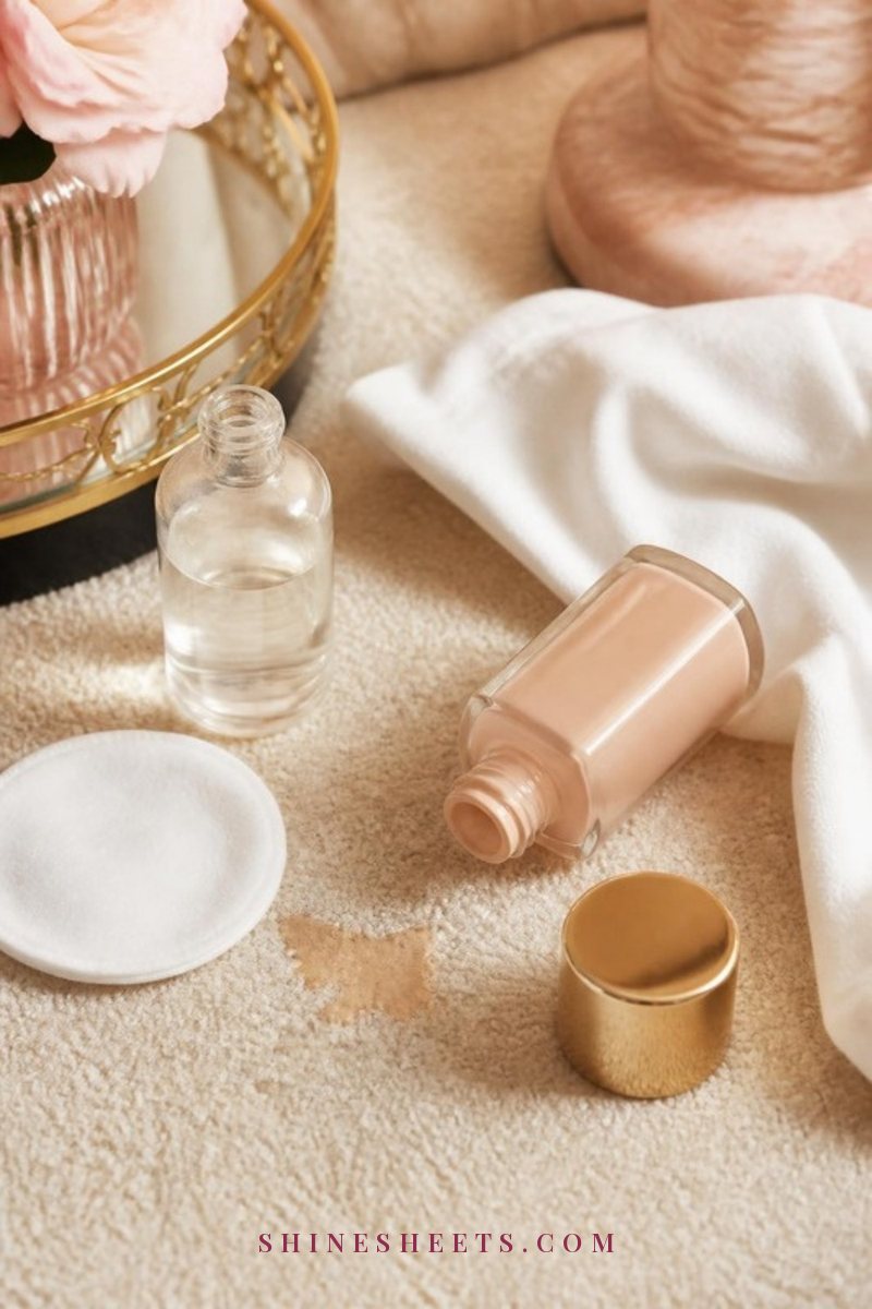 Cotton pad, a small clear bottle and a white cloth next to a faint foundation mark on a beige carpet
