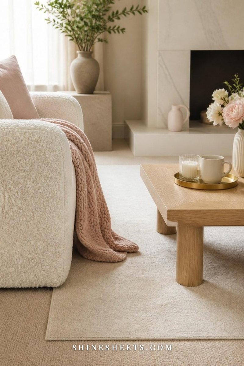 Cream washable area rug under a light wooden coffee table with a blush throw and a glass candle in a soft living room