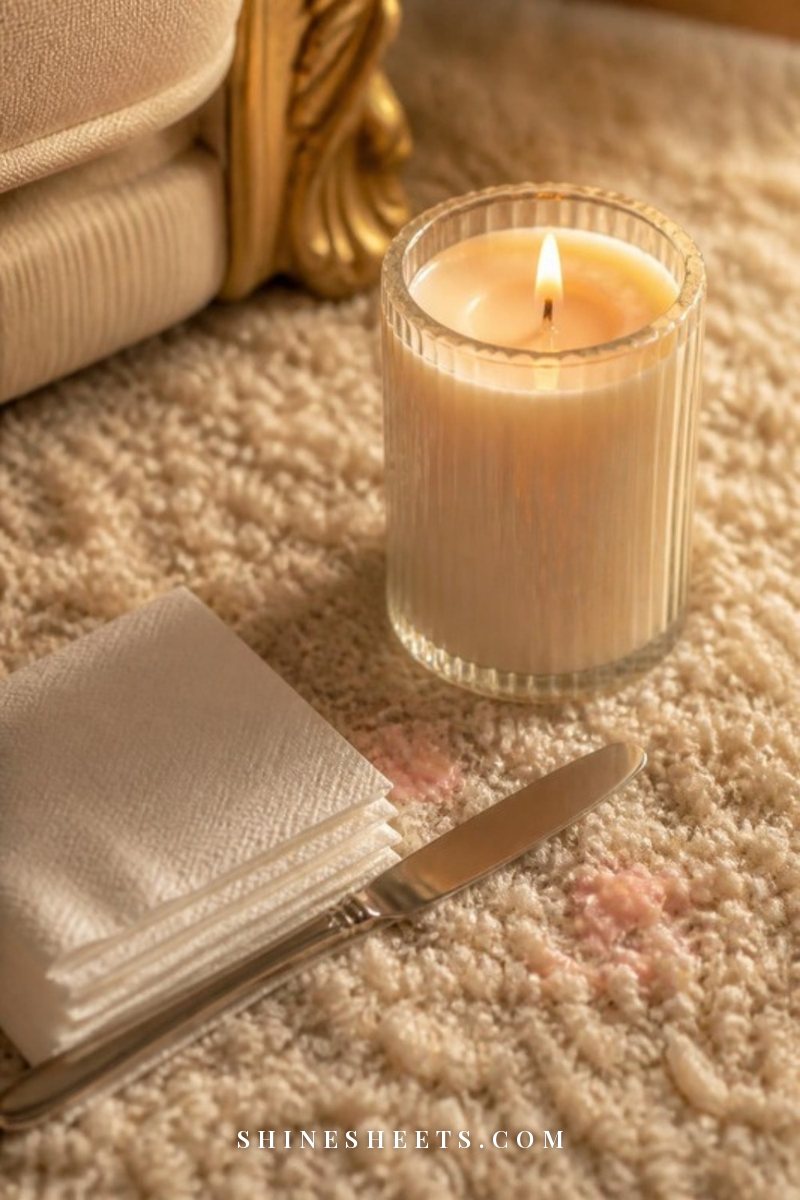 Glass candle on a cream carpet beside hardened blush wax drips, a butter knife and folded paper towels